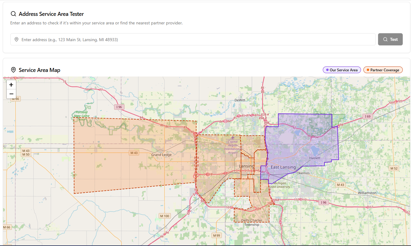 PhoneFlow service area map showing custom polygon coverage zones with an address tester